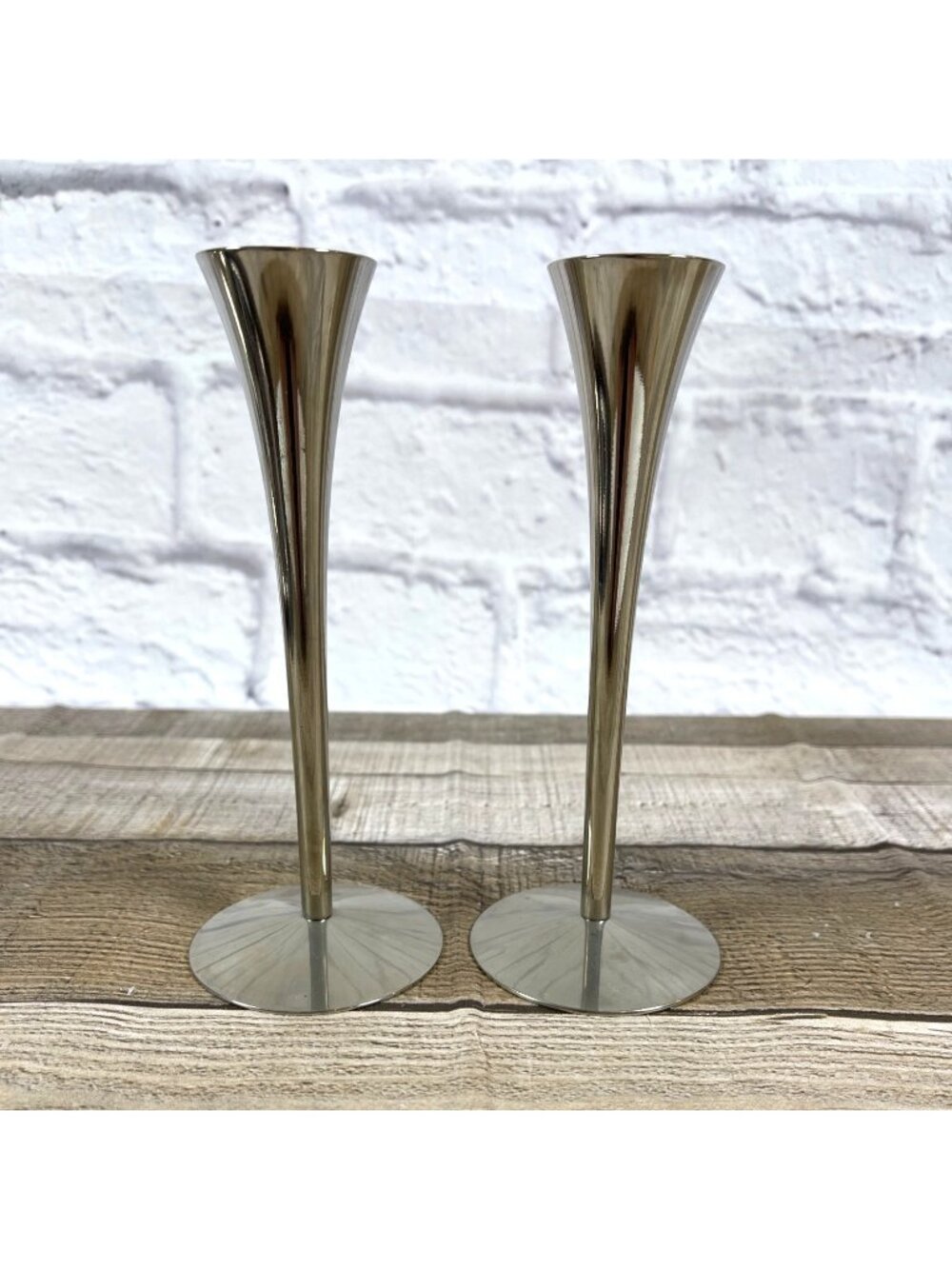 Vintage Pair Solingen Germany Steel Trumpet Candle Holder MCM Taper Candlesticks - Picture 2 of 9